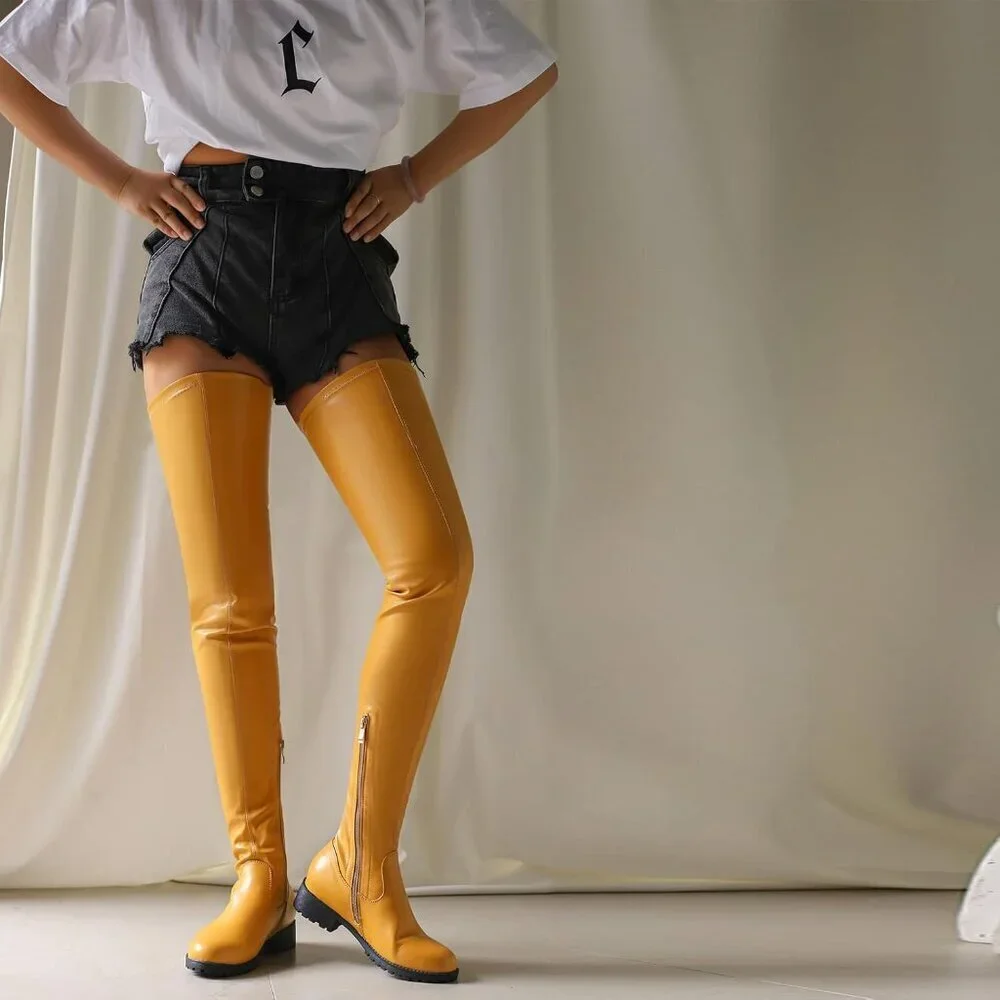 Women's Yellow Polyurethane Thigh High Over The Knee Rounded Toe Fashion Boots